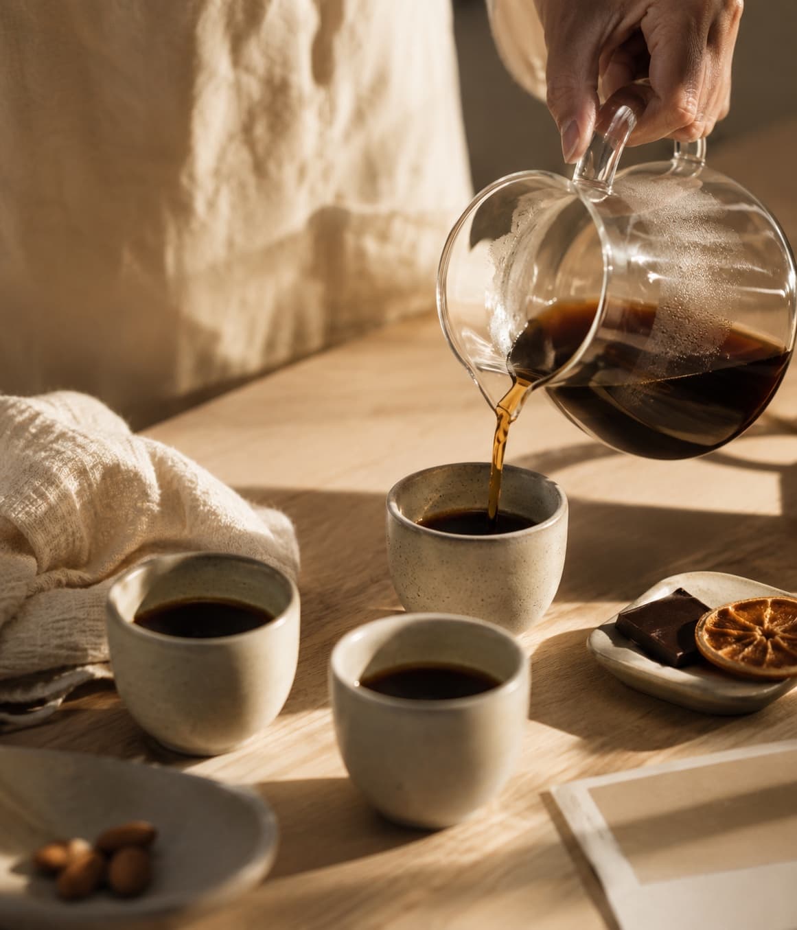 A host pouring brewed coffee into small tasting cups beside simple sensory pairings.